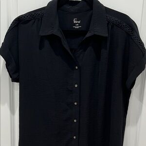 Felina Black Button-Down Blouse with Crochet Shoulder Detail
